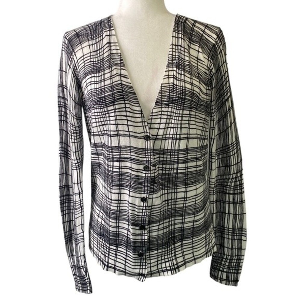 Loft Abstract Stripe Button Front Long Sleeve Lightweight Cardigan Pima Cotton